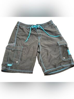 Men's Black Swim Board Shorts with Teal Stitching and Drawstring